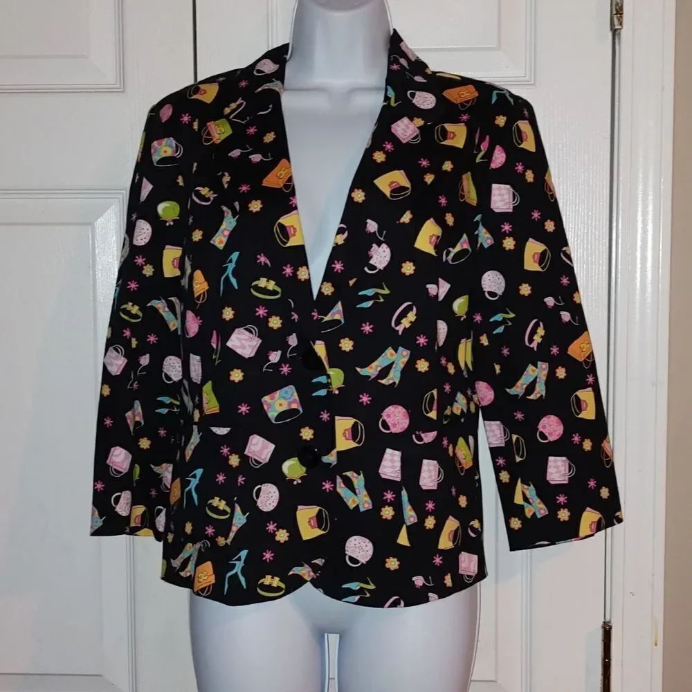 Briggs black stretch  blazer with purses and shoes as the print Sz 12